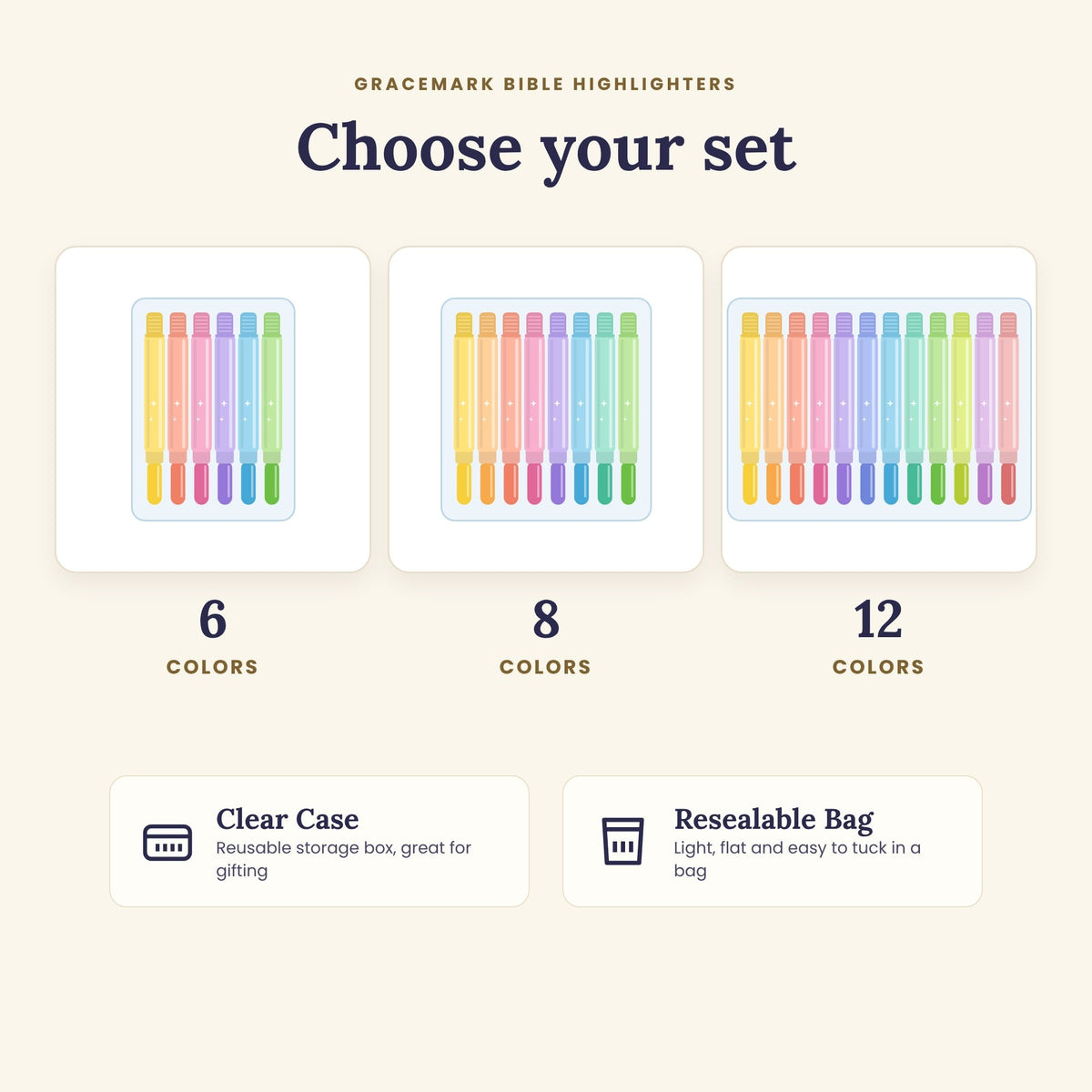 Choose 6, 8 or 12 colors in a clear case or resealable bag