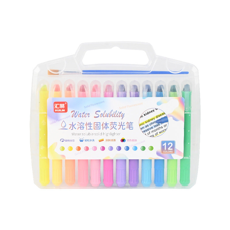 12-color twist-up gel highlighters in a clear carry case with brush