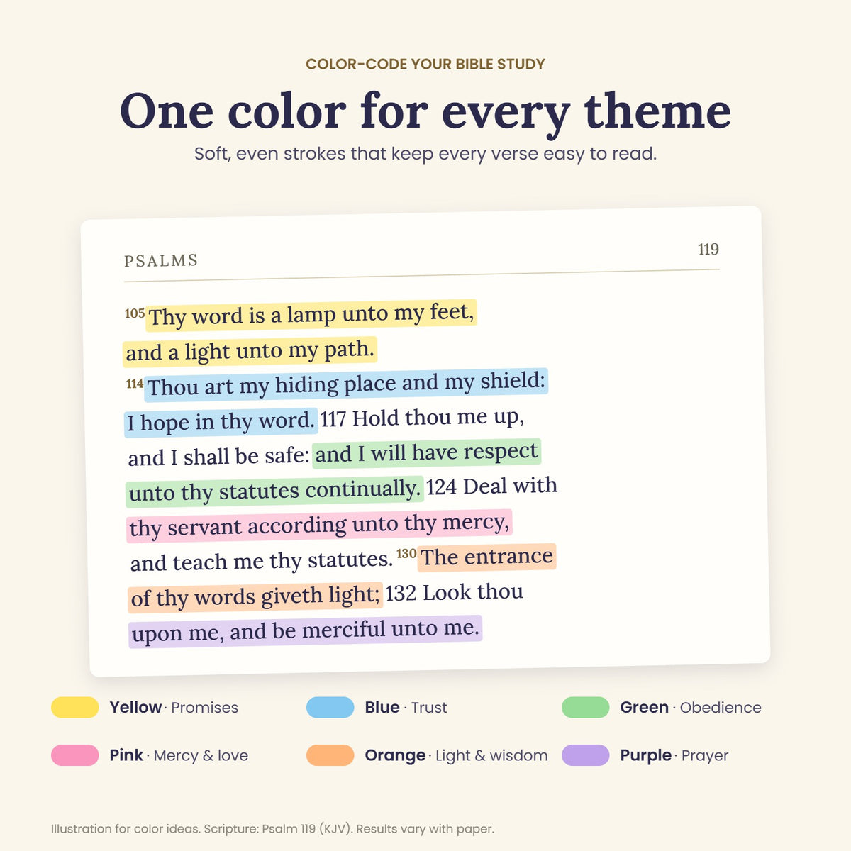 Color-code your Bible study: Psalm 119 highlighted in pastel colors