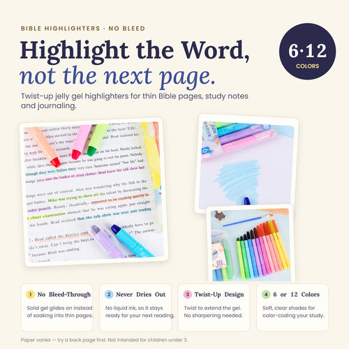 Highlight the Word, not the next page: no bleed-through, never dries out, twist-up, 6 or 12 colors
