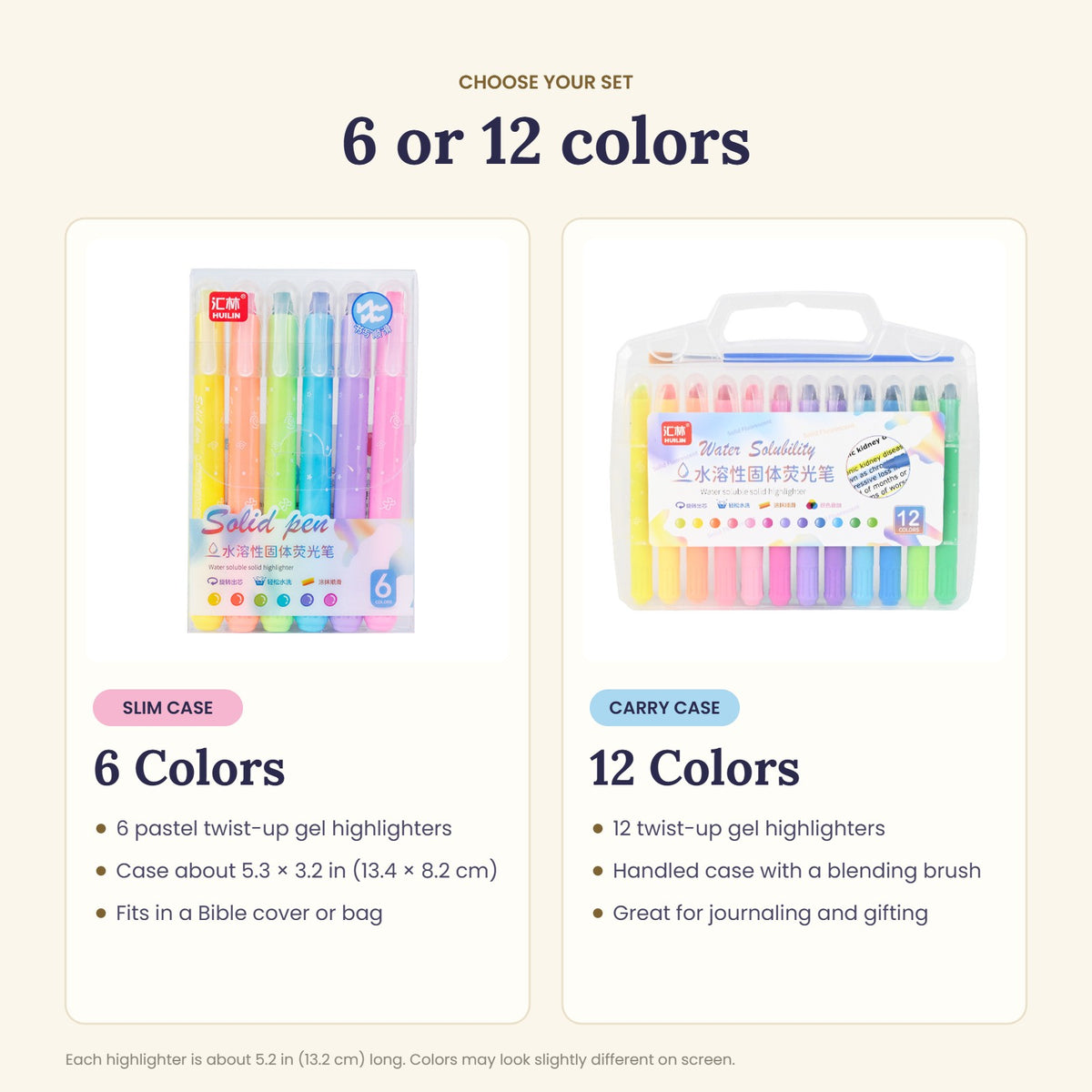 Choose your set: 6 colors in a slim case or 12 colors in a carry case with brush