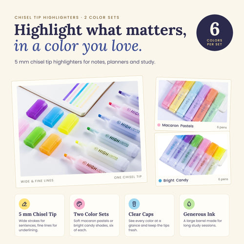 Gracemark chisel tip highlighters features: 5 mm chisel tip, two 6-color sets, clear caps, generous ink