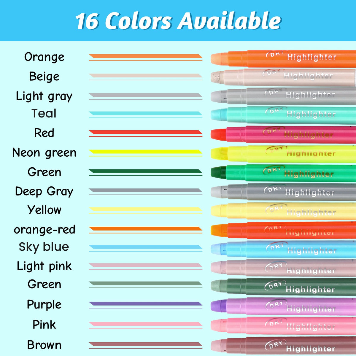 All 16 colors with names and swatches