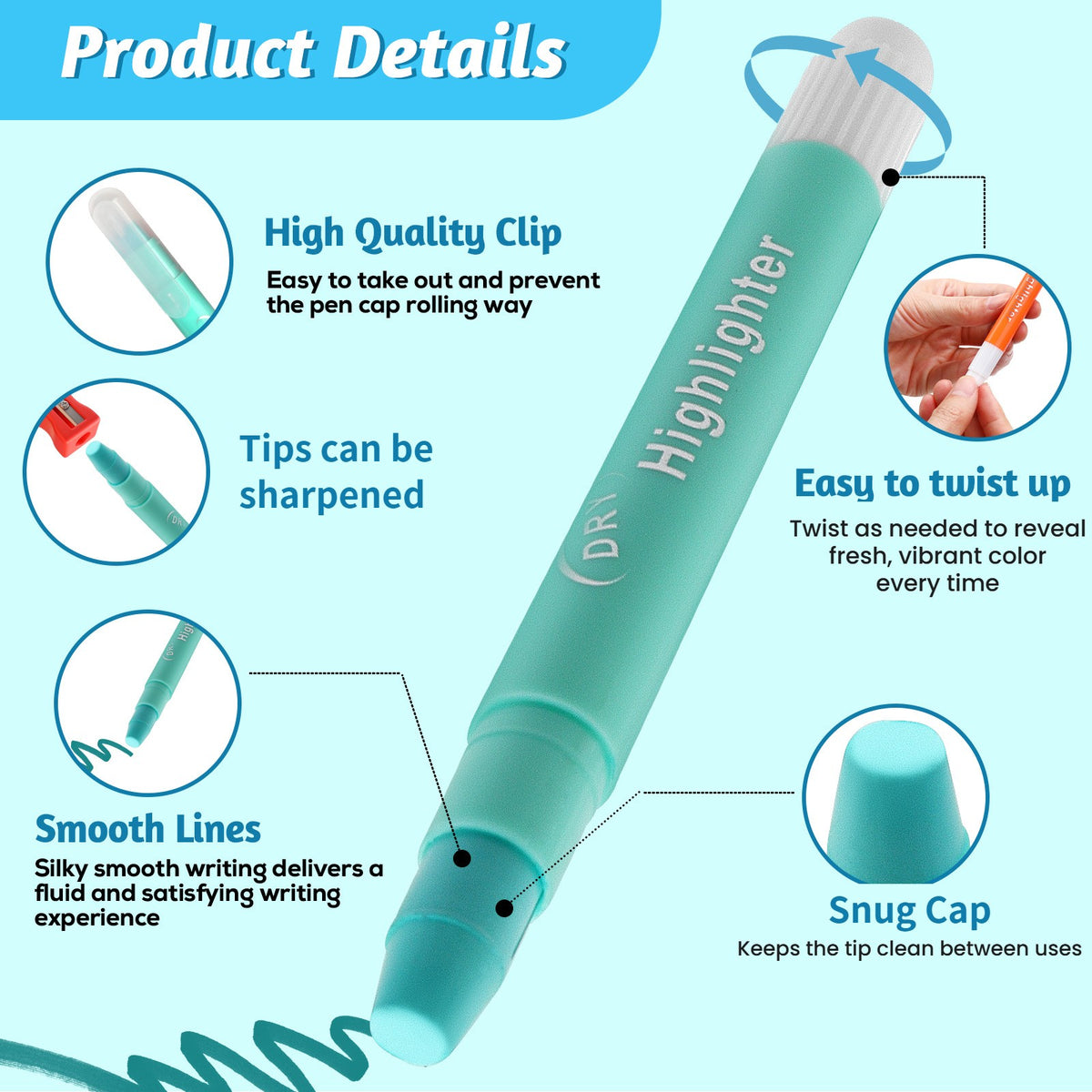 Product details: clip cap, sharpenable tip, smooth lines, twist-up base, snug cap