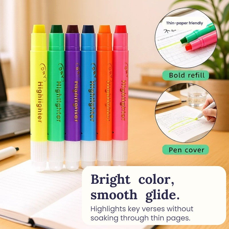 Six bright twist-up gel highlighters standing on a desk