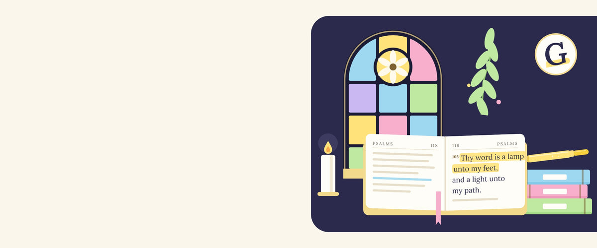 Gracemark still life: stained-glass window, open Bible, books and highlighter