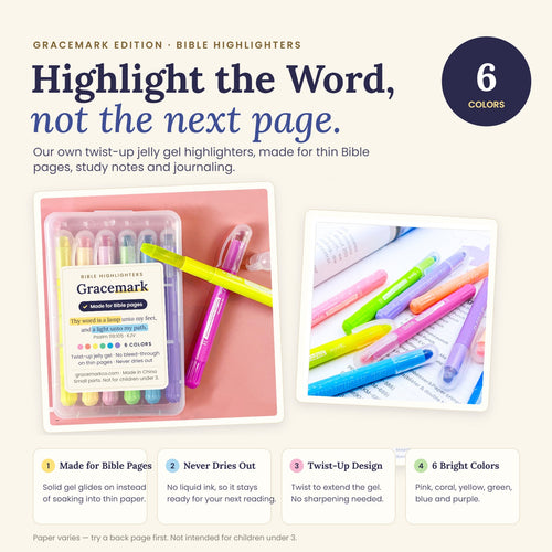Highlight the Word, not the next page: made for Bible pages, never dries out, twist-up, 6 bright colors