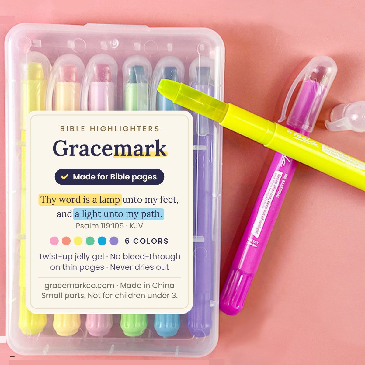 Gracemark Edition Bible highlighters: 6 twist-up jelly gel highlighters in a clear case with the Gracemark label