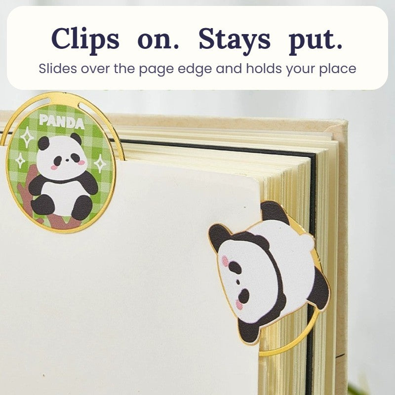 Panda bookmark clipped onto the page of a book