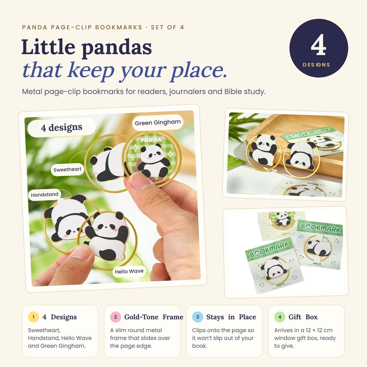 Features: 4 designs, gold-tone frame, stays in place, gift box