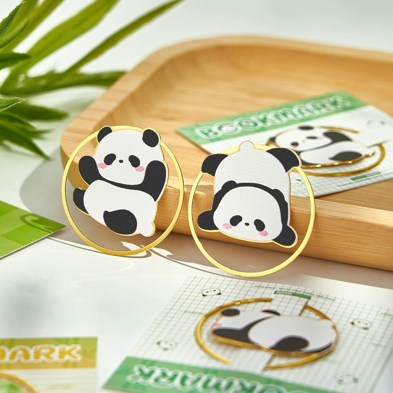 Panda bookmarks on a wooden tray