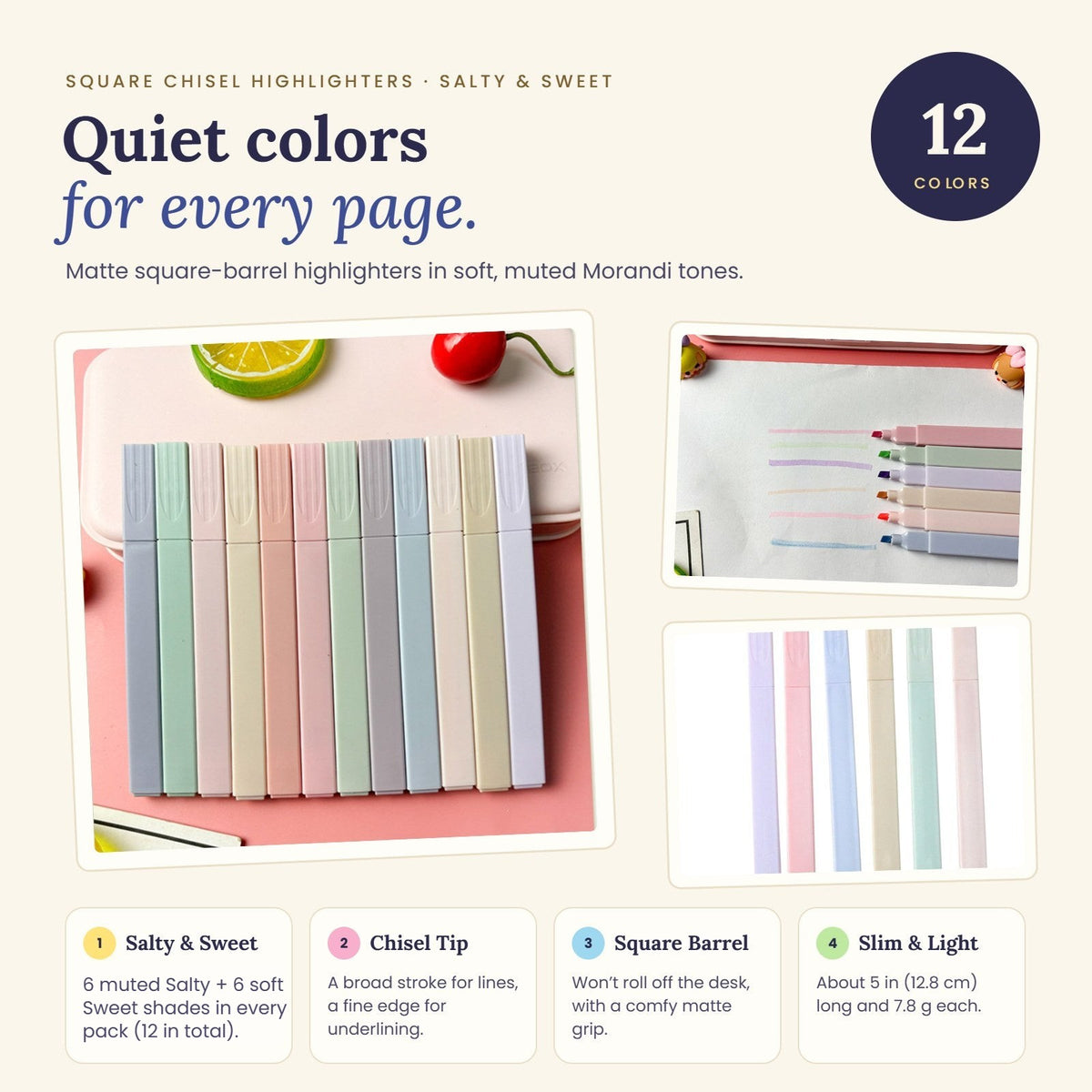 12 square Morandi highlighters: 6 Salty + 6 Sweet, chisel tip, square barrel, slim and light