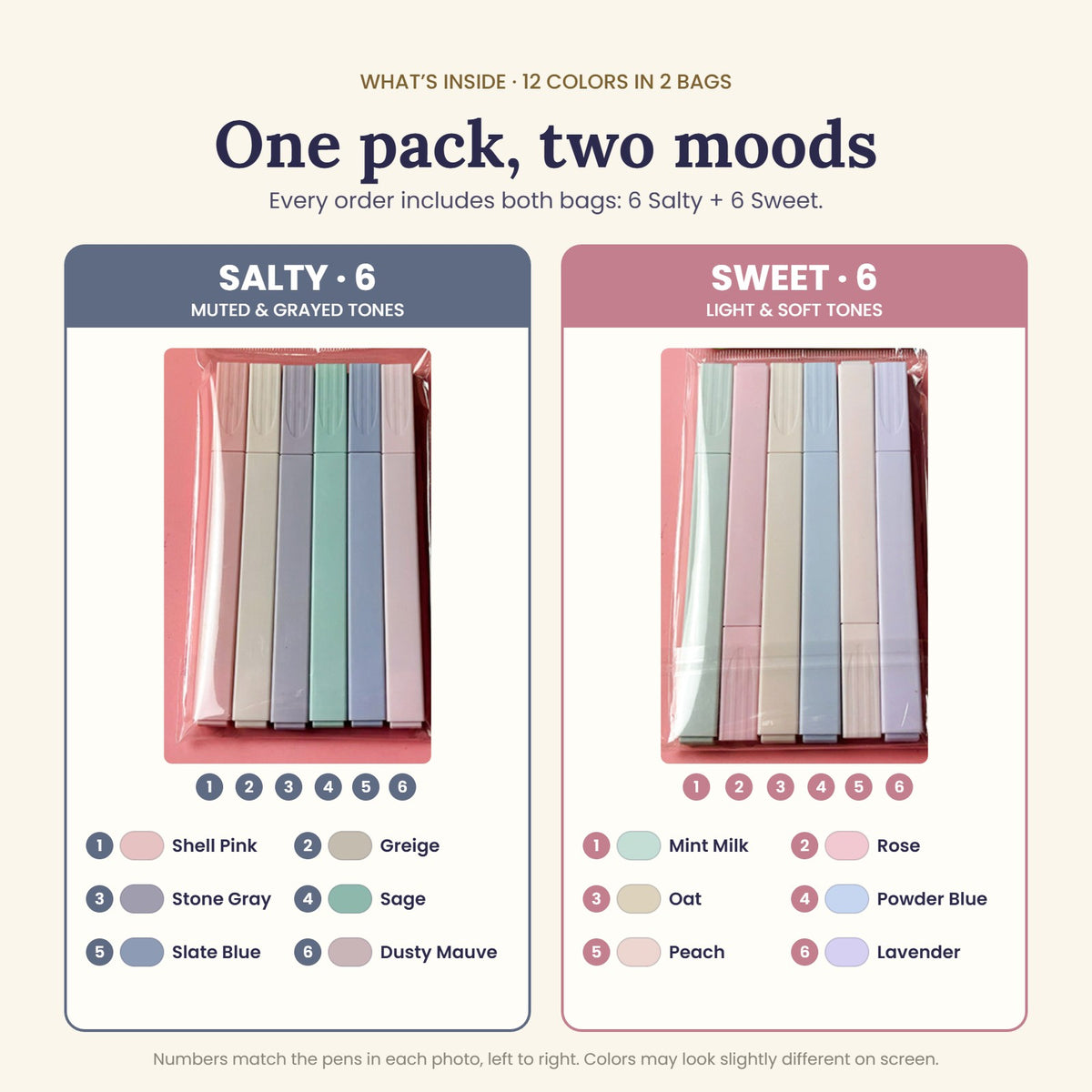 What's inside: Salty bag (6 muted colors) and Sweet bag (6 soft pastels), 12 colors in total