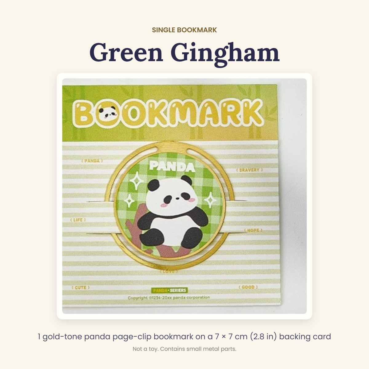 Single panda bookmark: Green Gingham, on backing card